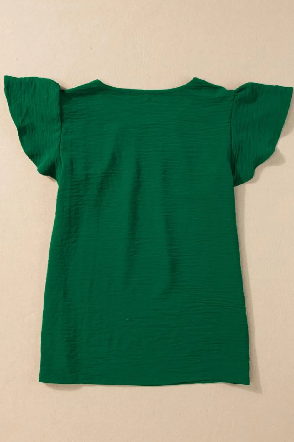Clearance Dear-Lover Solid Color Textured Pleated Flutter Sleeve Blouse Dark Green