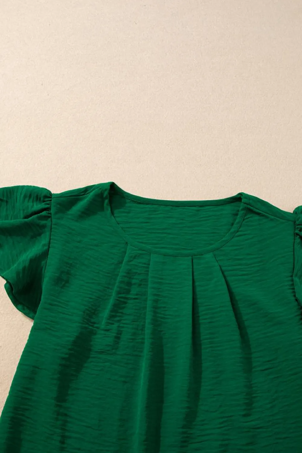 Clearance Dear-Lover Solid Color Textured Pleated Flutter Sleeve Blouse Dark Green
