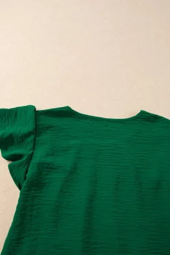 Clearance Dear-Lover Solid Color Textured Pleated Flutter Sleeve Blouse Dark Green