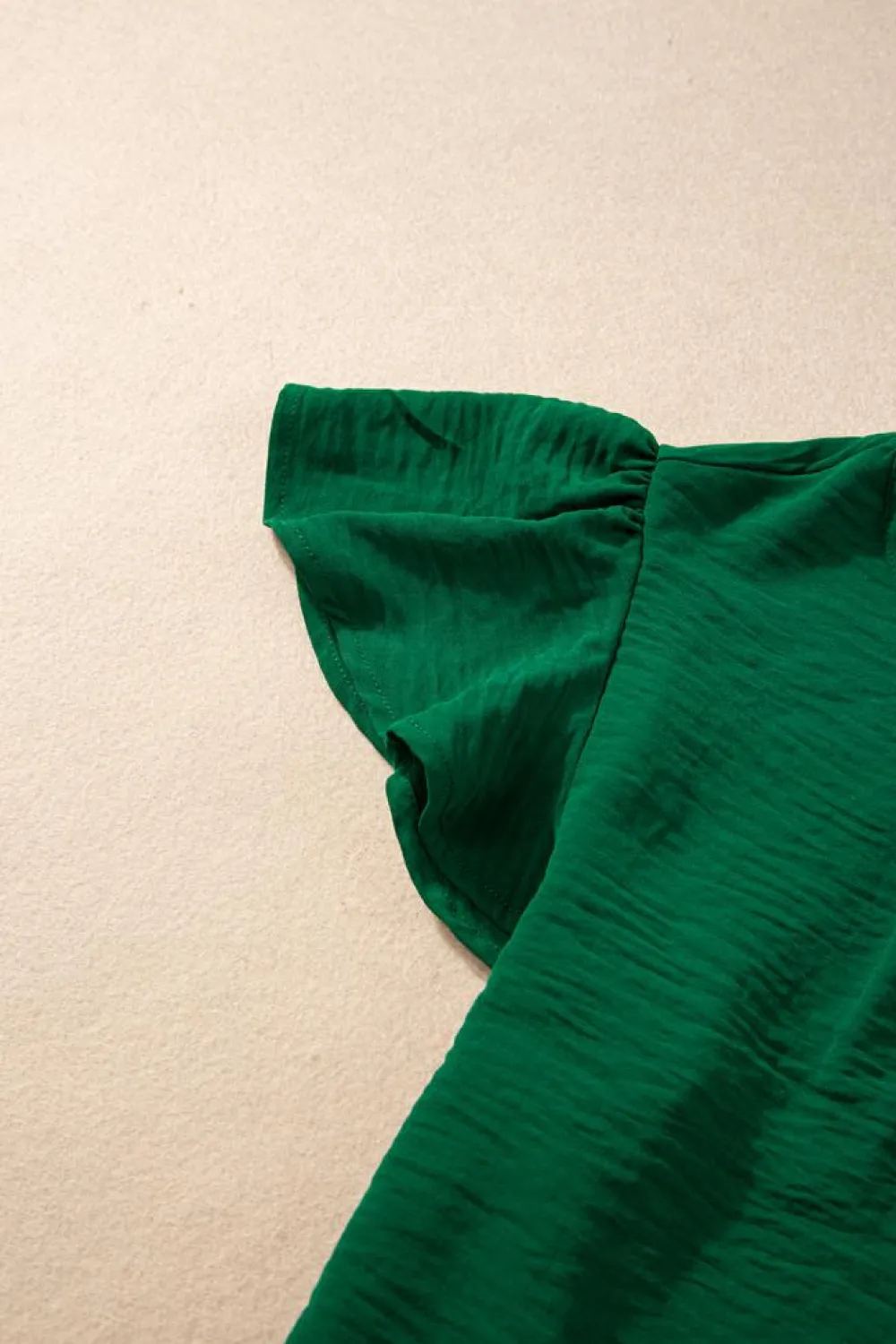 Clearance Dear-Lover Solid Color Textured Pleated Flutter Sleeve Blouse Dark Green