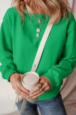 Outlet Dear-Lover Solid Fleece Lined Drop Shoulder Terry Sweatshirt Dark Green