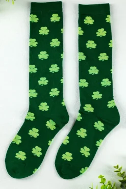 Hot Dear-Lover St Patricks Clover Print Tube Socks Dark Green