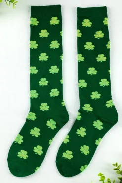 Hot Dear-Lover St Patricks Clover Print Tube Socks Dark Green