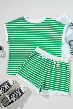 Best Dear-Lover Striped Cap Sleeve Tee and Shorts Set Dark Green