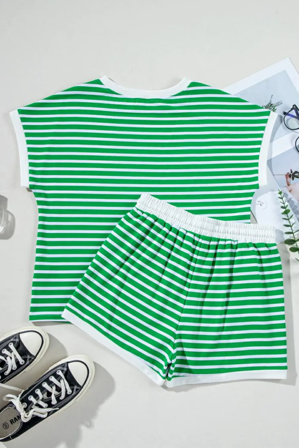 Best Dear-Lover Striped Cap Sleeve Tee and Shorts Set Dark Green