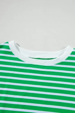 Best Dear-Lover Striped Cap Sleeve Tee and Shorts Set Dark Green