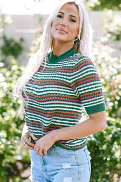 New Dear-Lover Striped Pattern Contrast Trim Pointelle Knit T Shirt Dark Green
