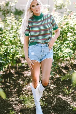 New Dear-Lover Striped Pattern Contrast Trim Pointelle Knit T Shirt Dark Green