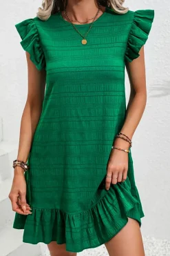 Clearance Dear-Lover Textured Flutter Sleeve Ruffled Mini Dress Dark Green