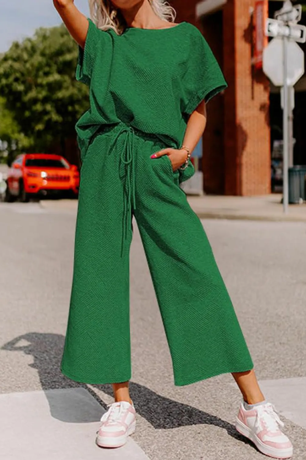 Sale Dear-Lover Textured Loose Fit T Shirt and Drawstring Pants Set Dark Green