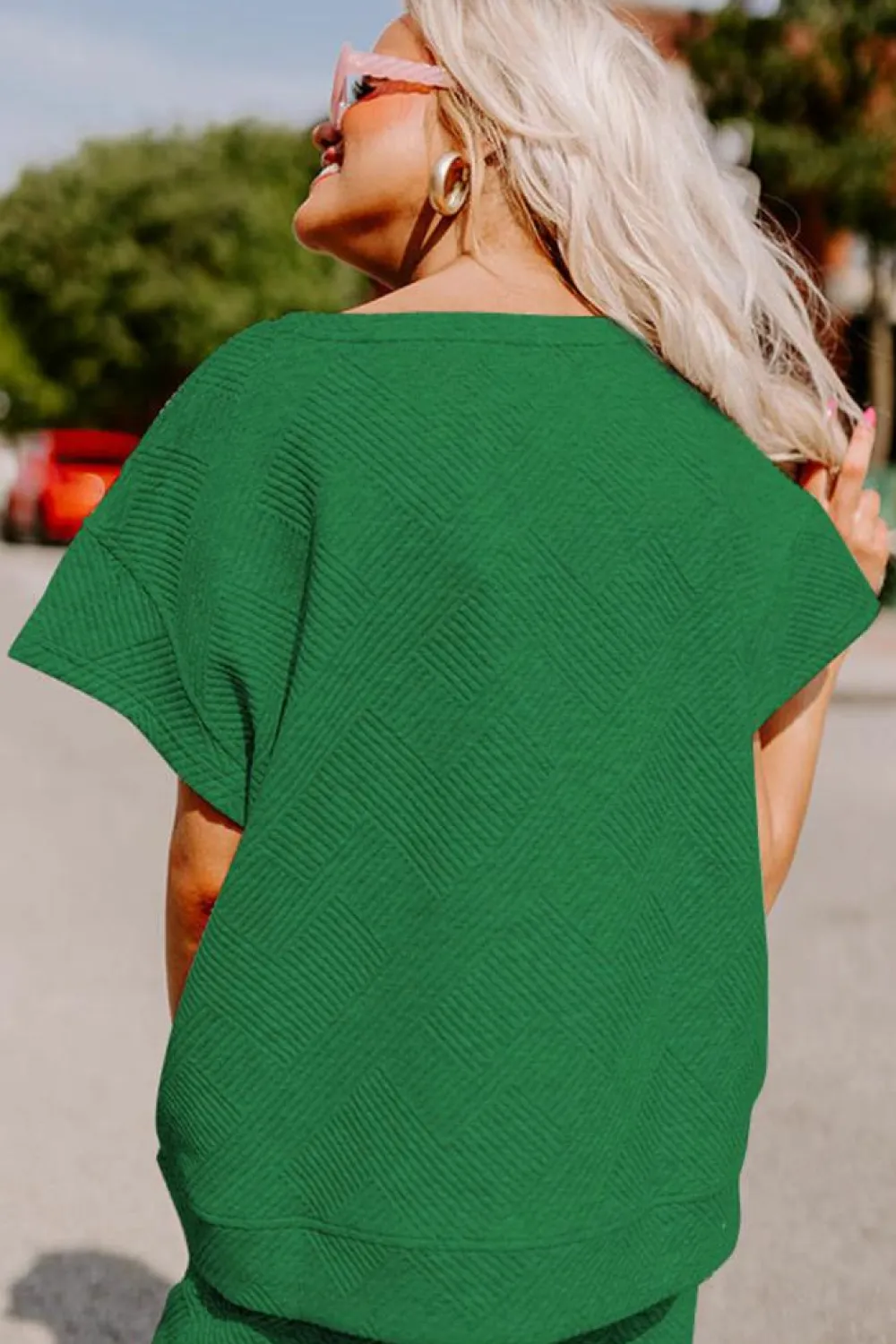 Sale Dear-Lover Textured Loose Fit T Shirt and Drawstring Pants Set Dark Green