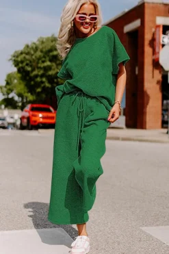 Sale Dear-Lover Textured Loose Fit T Shirt and Drawstring Pants Set Dark Green