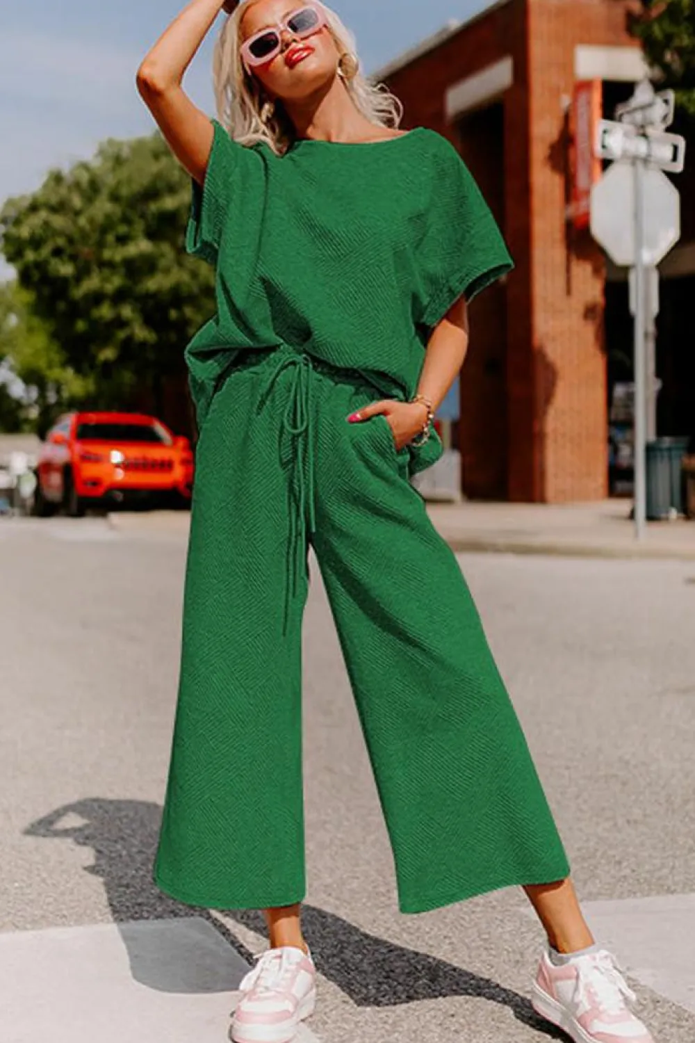 Sale Dear-Lover Textured Loose Fit T Shirt and Drawstring Pants Set Dark Green