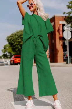 Sale Dear-Lover Textured Loose Fit T Shirt and Drawstring Pants Set Dark Green