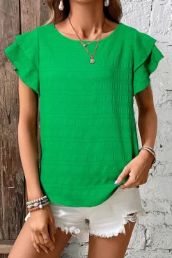 Fashion Dear-Lover Textured Ruffled Sleeve Round Neck Top Dark Green