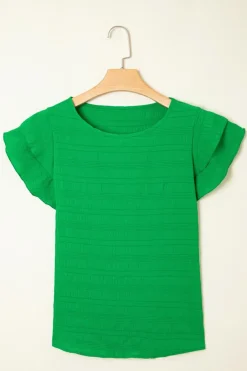 Fashion Dear-Lover Textured Ruffled Sleeve Round Neck Top Dark Green