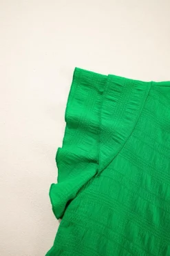 Fashion Dear-Lover Textured Ruffled Sleeve Round Neck Top Dark Green