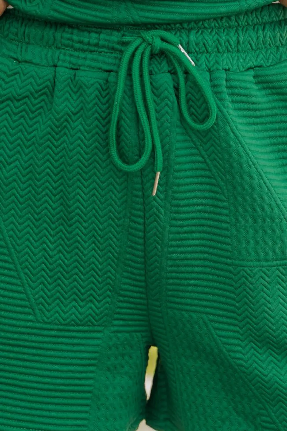 Best Dear-Lover Textured Ruffle Split Top and Drawstring Shorts Dark Green