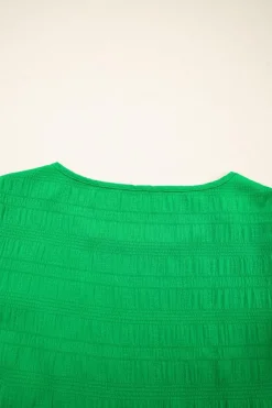 Fashion Dear-Lover Textured Ruffled Sleeve Round Neck Top Dark Green