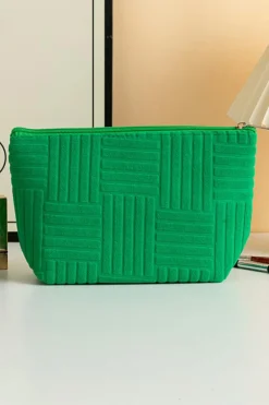 Fashion Dear-Lover Textured Woven Pattern Zipper Cosmetic Bag Dark Green