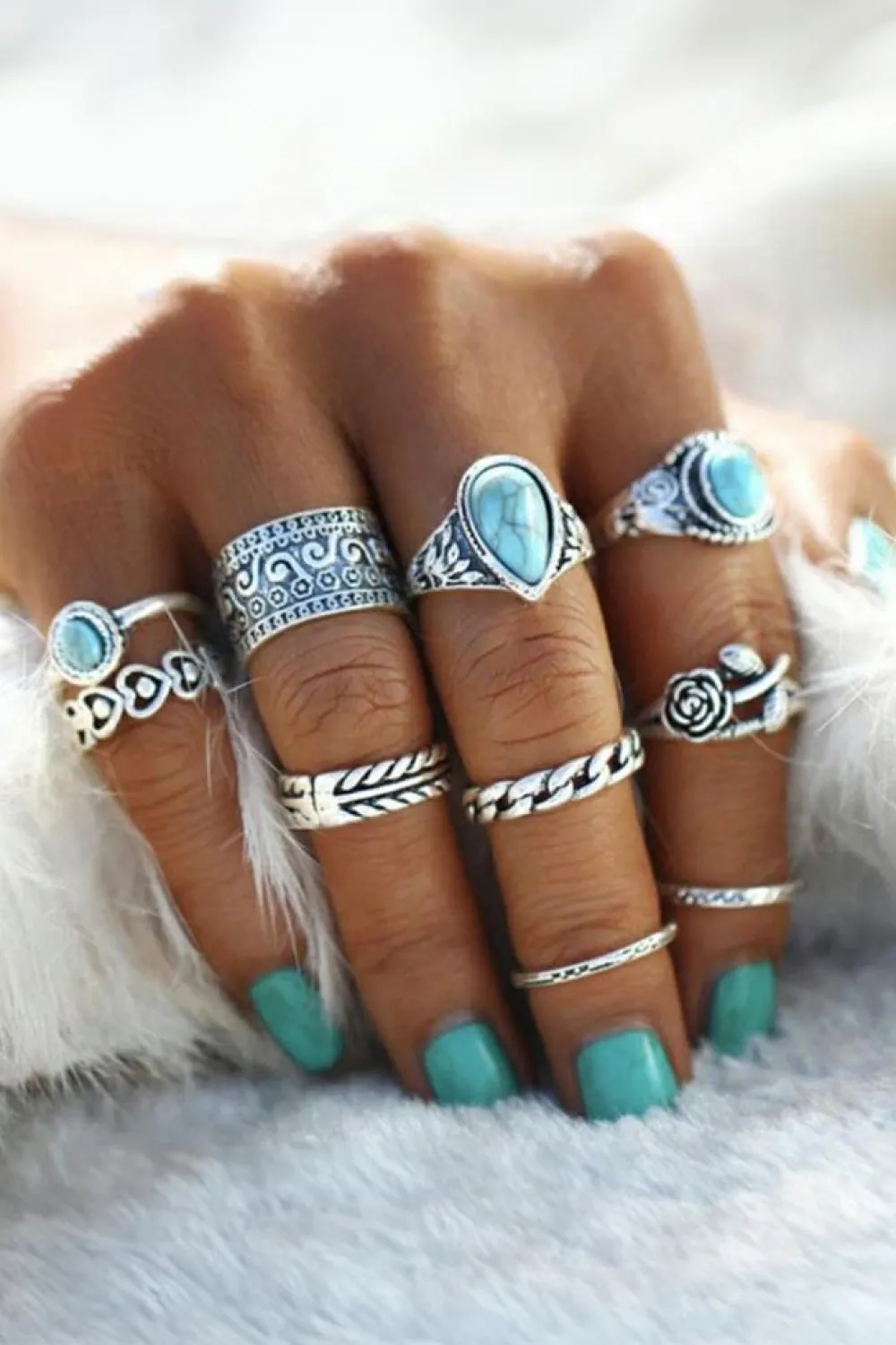 Clearance Dear-Lover Vintage Turquoise Decor 10Pcs Rings Set Dark Green