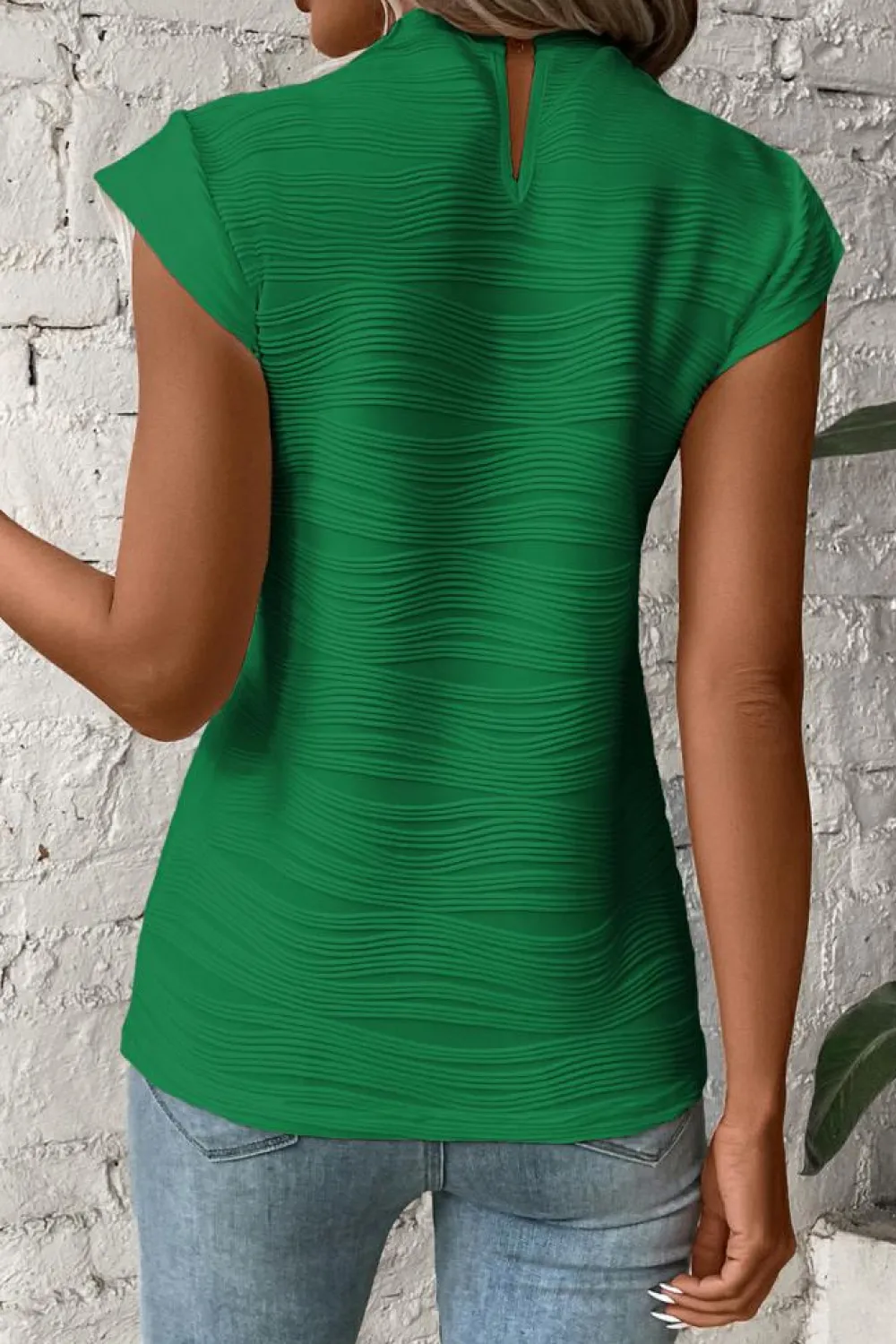 Fashion Dear-Lover Wavy Textured Mock Neck Cap Sleeve Top Dark Green