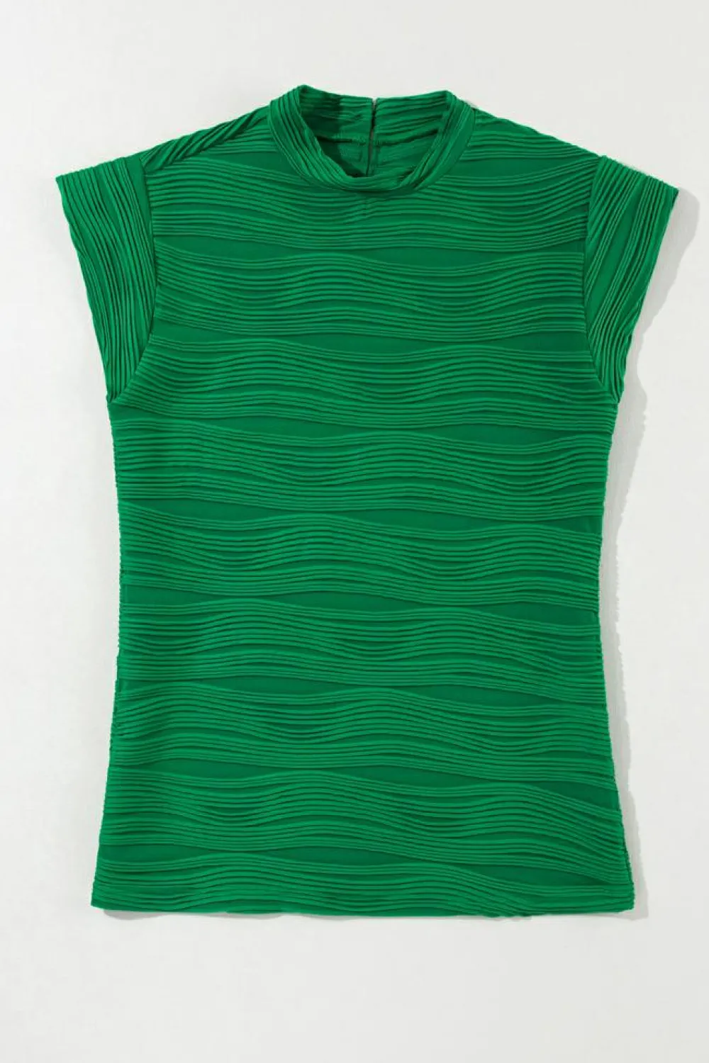 Fashion Dear-Lover Wavy Textured Mock Neck Cap Sleeve Top Dark Green