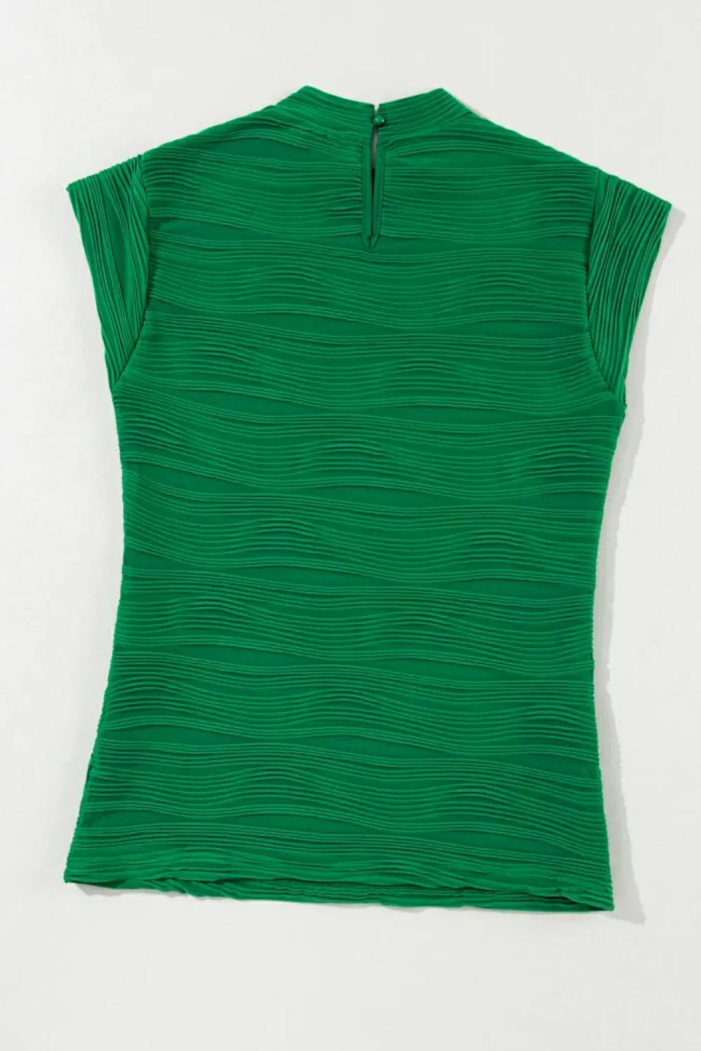 Fashion Dear-Lover Wavy Textured Mock Neck Cap Sleeve Top Dark Green