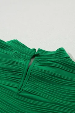 Fashion Dear-Lover Wavy Textured Mock Neck Cap Sleeve Top Dark Green