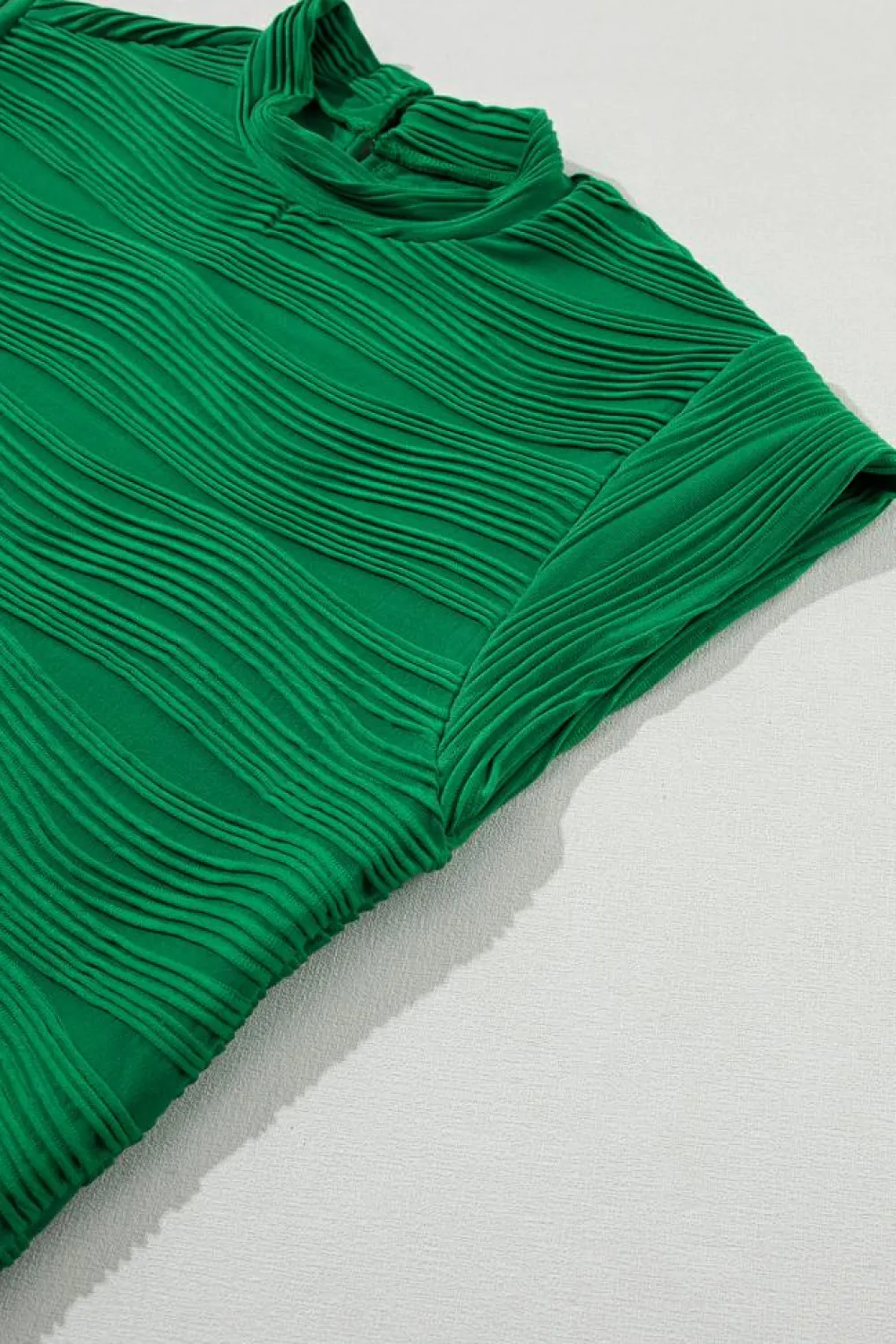 Fashion Dear-Lover Wavy Textured Mock Neck Cap Sleeve Top Dark Green