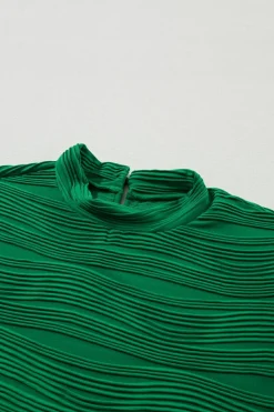 Fashion Dear-Lover Wavy Textured Mock Neck Cap Sleeve Top Dark Green