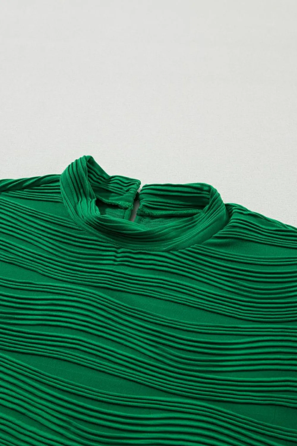 Fashion Dear-Lover Wavy Textured Mock Neck Cap Sleeve Top Dark Green