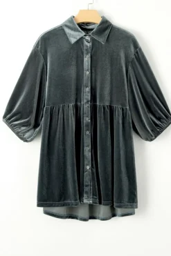 Discount Dear-Lover 3/4 Sleeve Tunic Babydoll Velvet Shirt Dark Grey