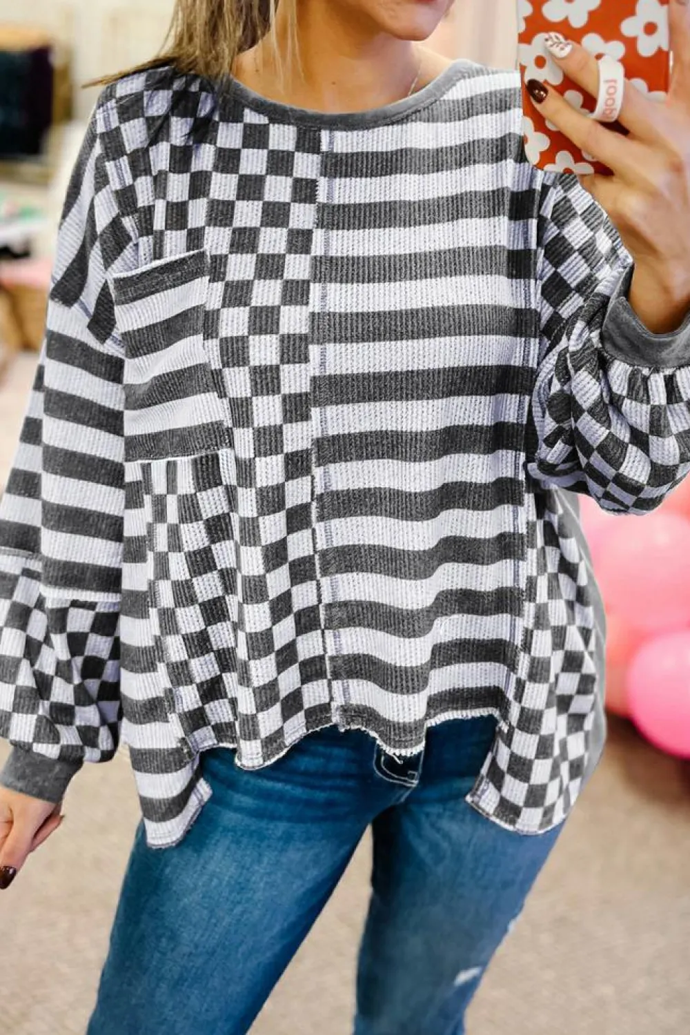 Hot Dear-Lover Dark Grey Checkerboard Striped Patchwork Lantern Sleeve Pocketed Blouse Black