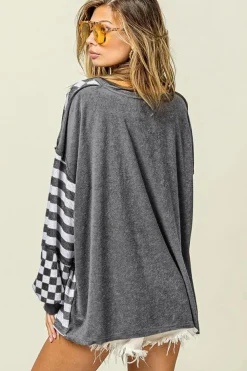 Hot Dear-Lover Dark Grey Checkerboard Striped Patchwork Lantern Sleeve Pocketed Blouse Black