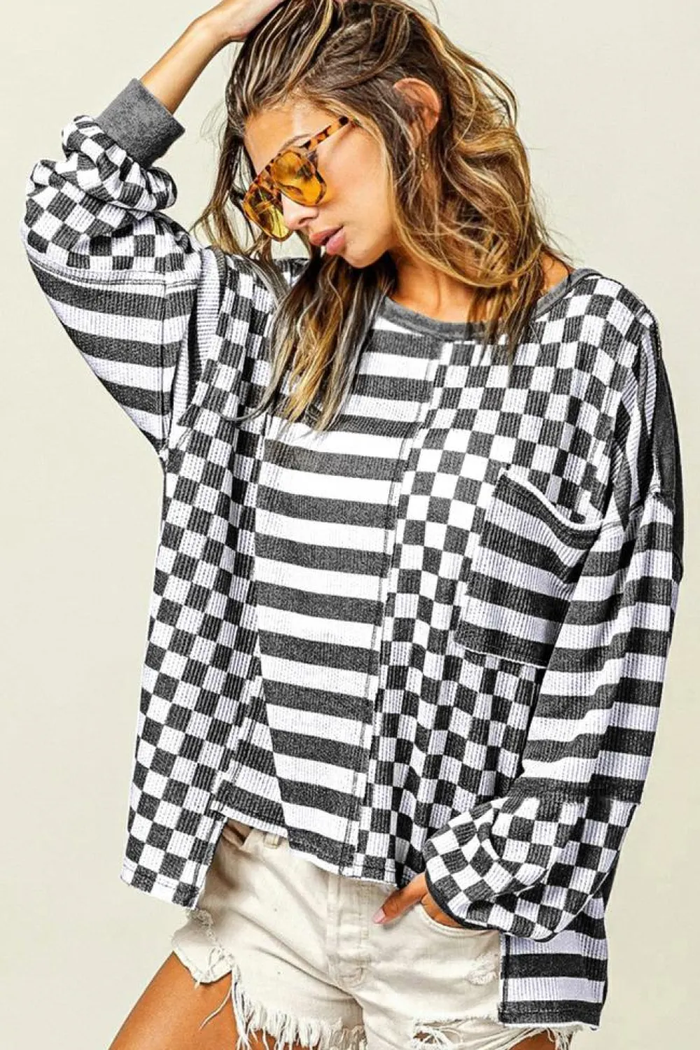 Hot Dear-Lover Dark Grey Checkerboard Striped Patchwork Lantern Sleeve Pocketed Blouse Black
