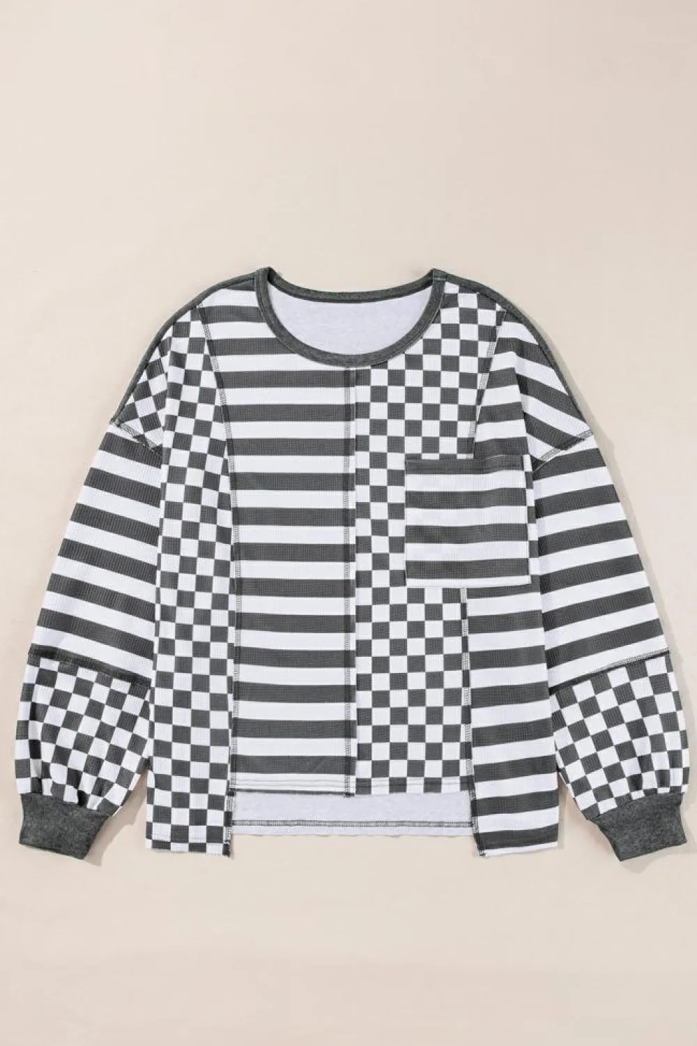 Hot Dear-Lover Dark Grey Checkerboard Striped Patchwork Lantern Sleeve Pocketed Blouse Black