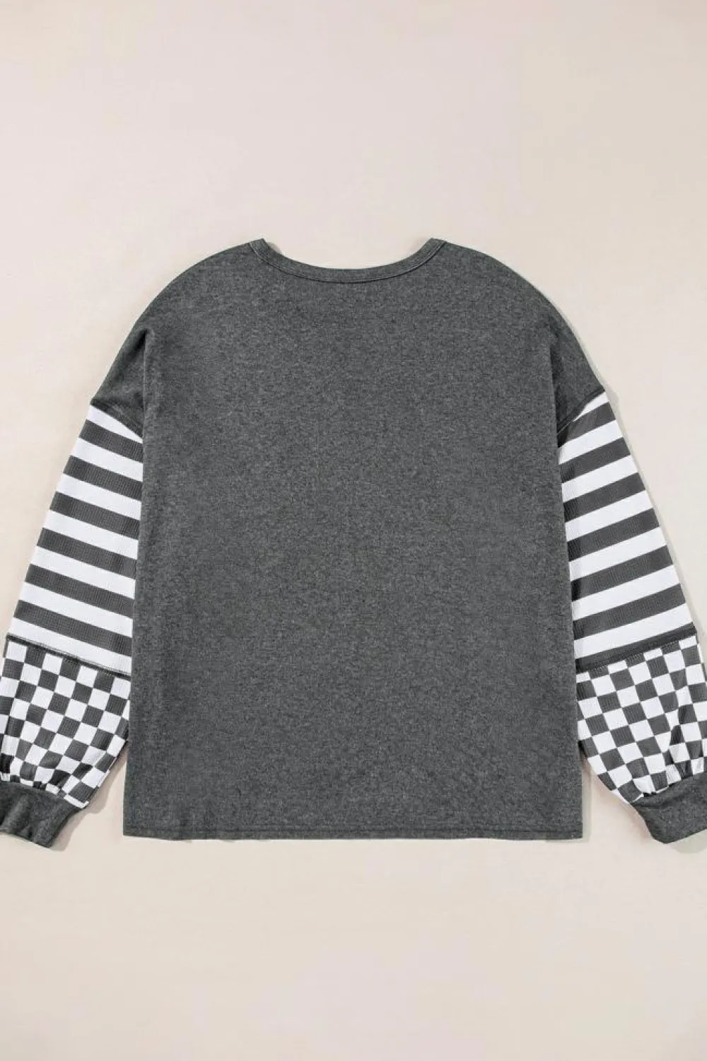 Hot Dear-Lover Dark Grey Checkerboard Striped Patchwork Lantern Sleeve Pocketed Blouse Black