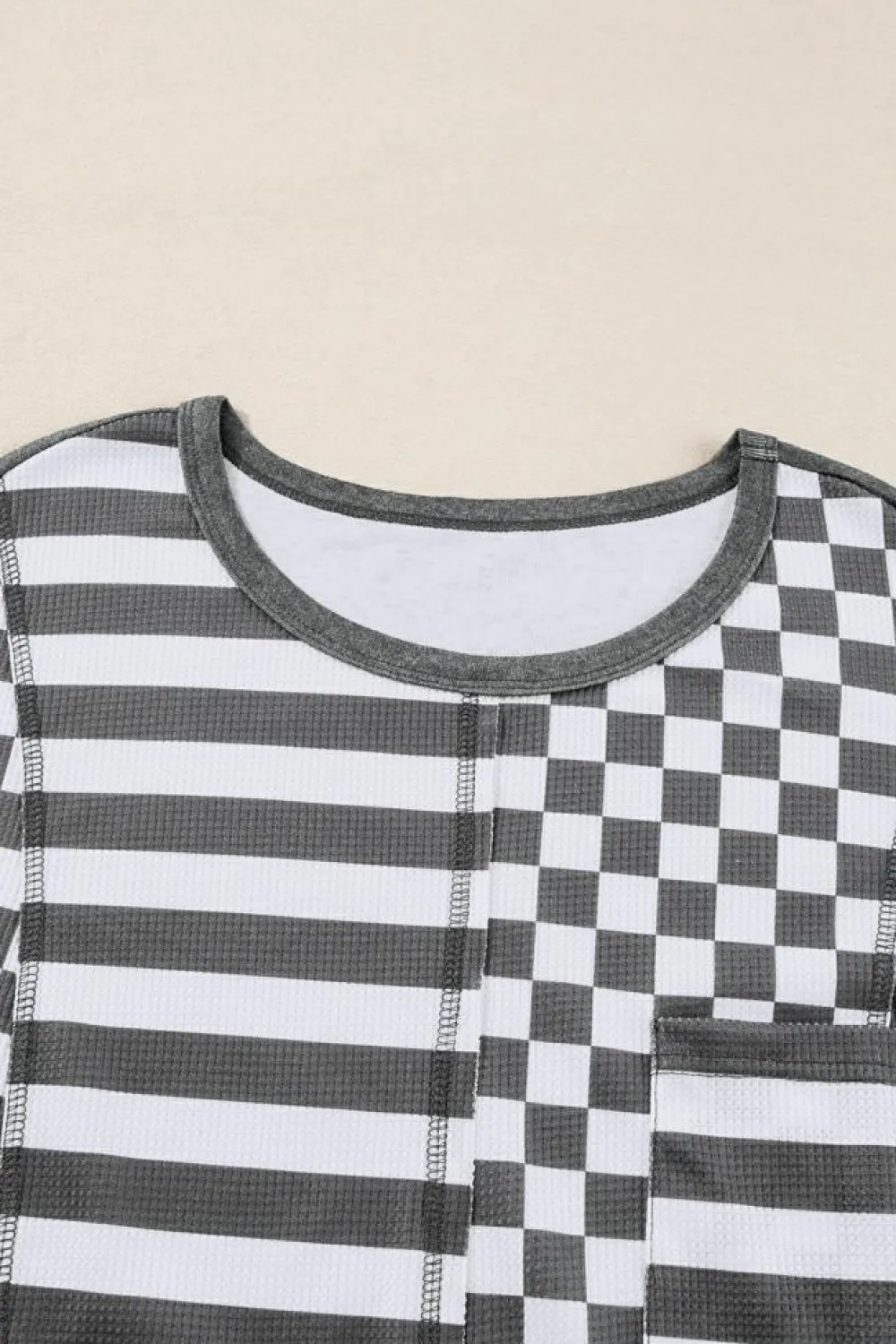 Hot Dear-Lover Dark Grey Checkerboard Striped Patchwork Lantern Sleeve Pocketed Blouse Black