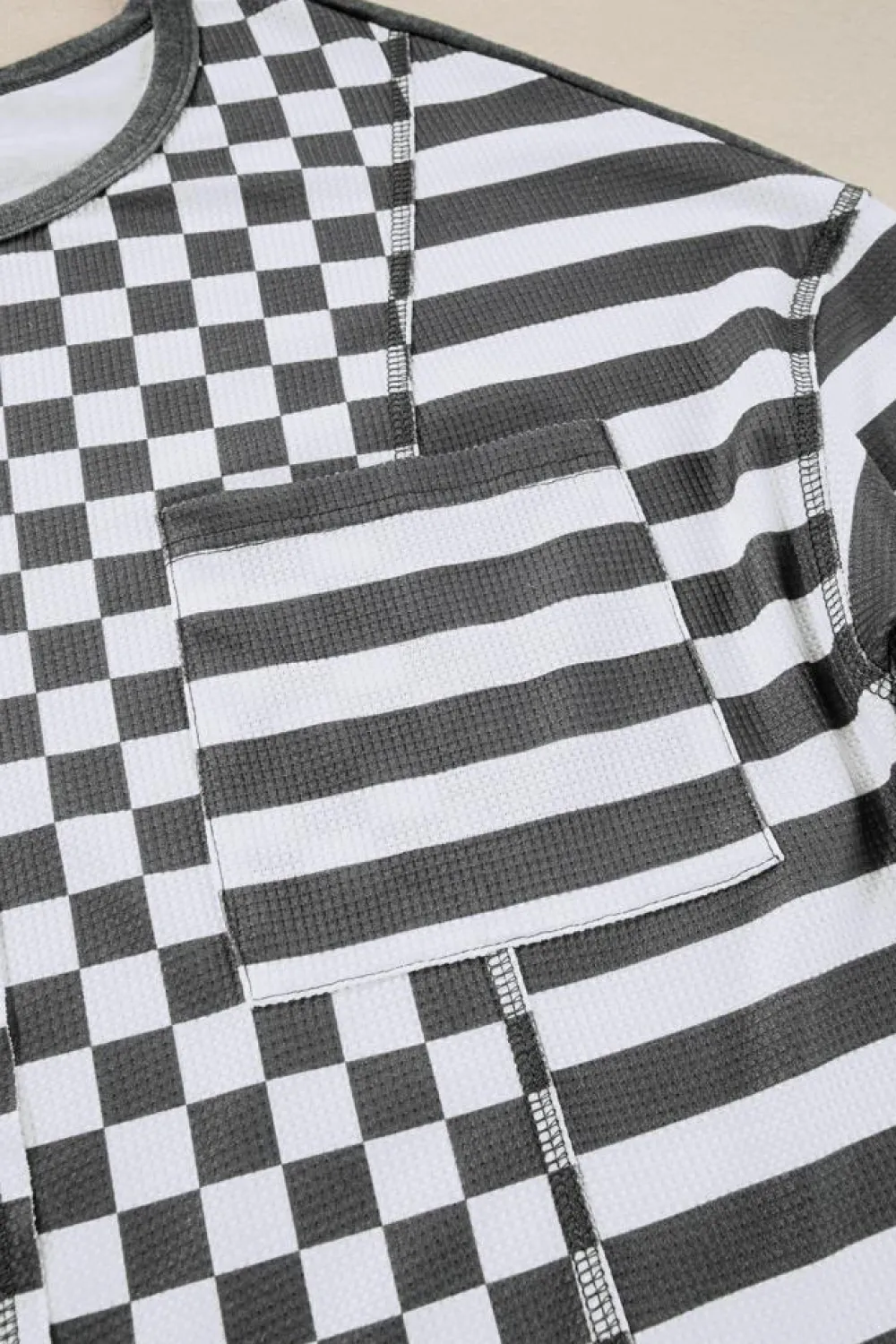 Hot Dear-Lover Dark Grey Checkerboard Striped Patchwork Lantern Sleeve Pocketed Blouse Black
