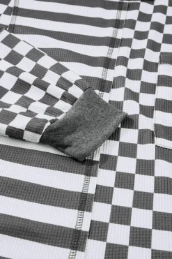 Hot Dear-Lover Dark Grey Checkerboard Striped Patchwork Lantern Sleeve Pocketed Blouse Black