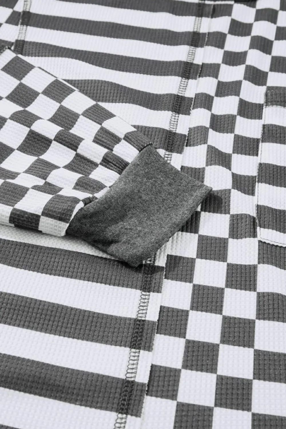 Hot Dear-Lover Dark Grey Checkerboard Striped Patchwork Lantern Sleeve Pocketed Blouse Black