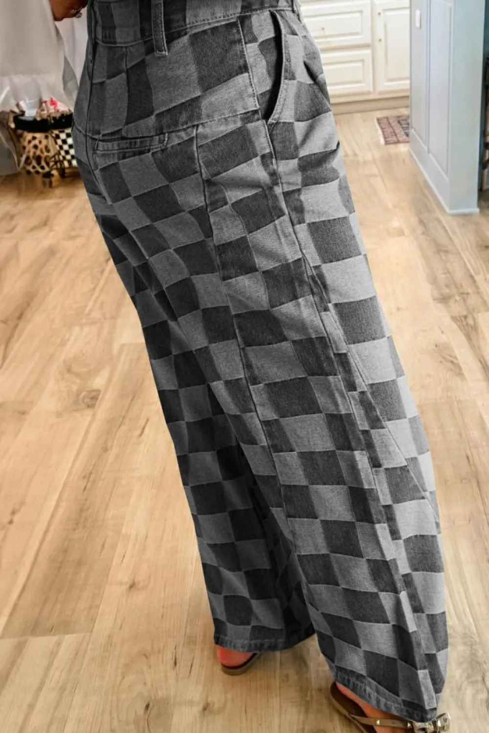 Hot Dear-Lover Checkered Denim Wide Leg Jeans Dark Grey