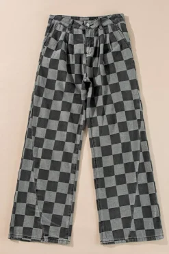 Hot Dear-Lover Checkered Denim Wide Leg Jeans Dark Grey