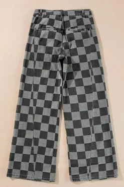 Hot Dear-Lover Checkered Denim Wide Leg Jeans Dark Grey