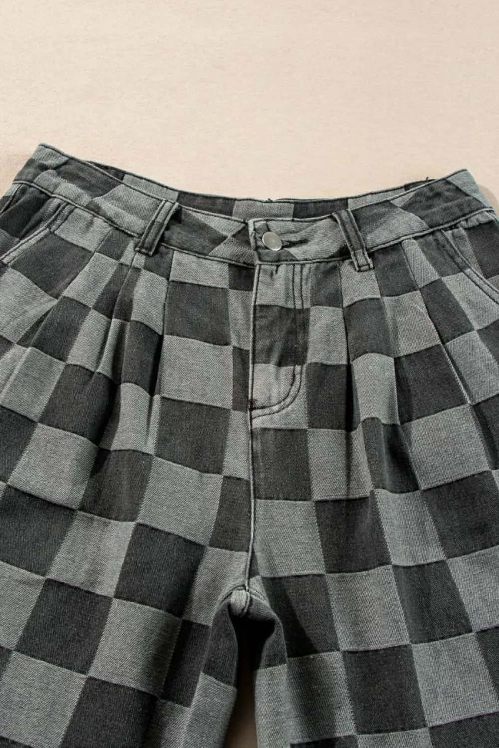 Hot Dear-Lover Checkered Denim Wide Leg Jeans Dark Grey