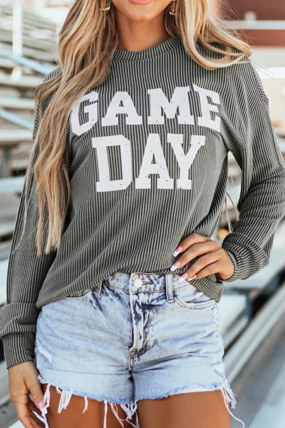 Sale Dear-Lover Corded GAME DAY Graphic Long Sleeve Crewneck Top Dark Grey