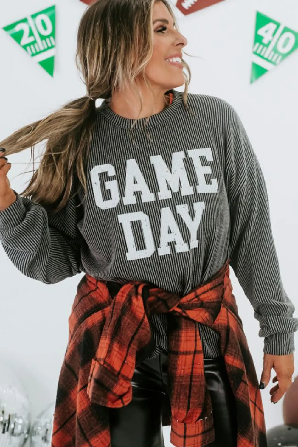 Sale Dear-Lover Corded GAME DAY Graphic Long Sleeve Crewneck Top Dark Grey