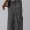 Clearance Dear-Lover Denim Raw Hem Back Split High Waist Long Skirt Dark Grey