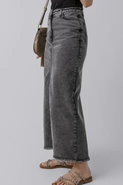 Clearance Dear-Lover Denim Raw Hem Back Split High Waist Long Skirt Dark Grey